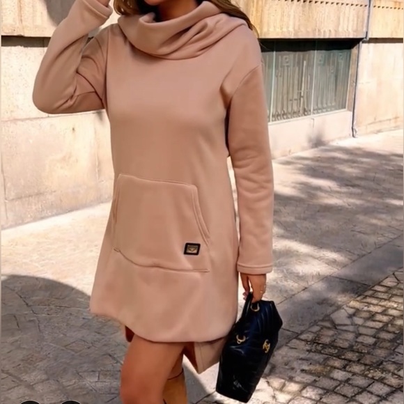 Hooded Solid Sweatshirt Dress. Color: Khaki Size: XL - Picture 5 of 9